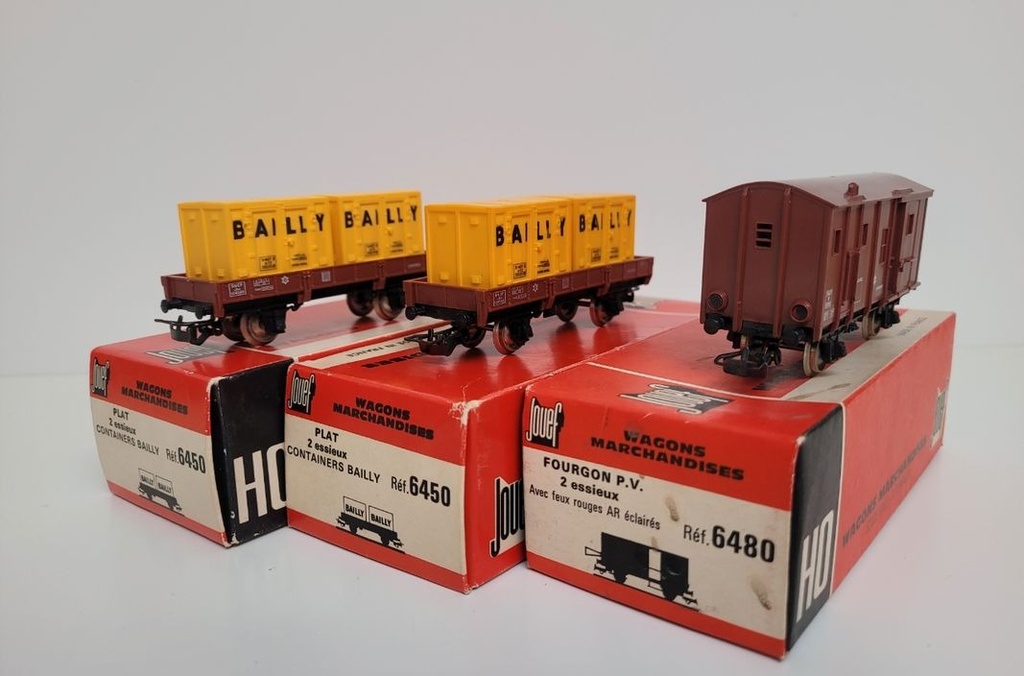 [3170869015] Train wagon N° 6480 et 6450 petite rame de 3 wagons marchandises SNCF Jouef Ho