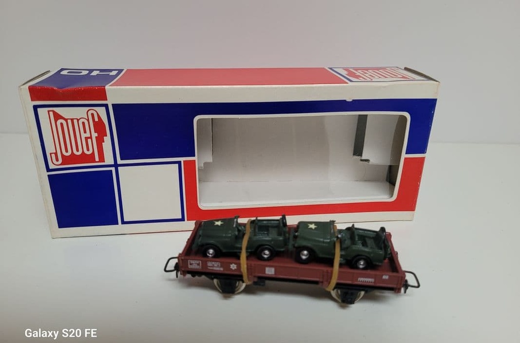 [3201620565] Train wagon N° 6451 Wagon Plat à essieux SNCF avec chargement de 2 jeeps Jouef Ho