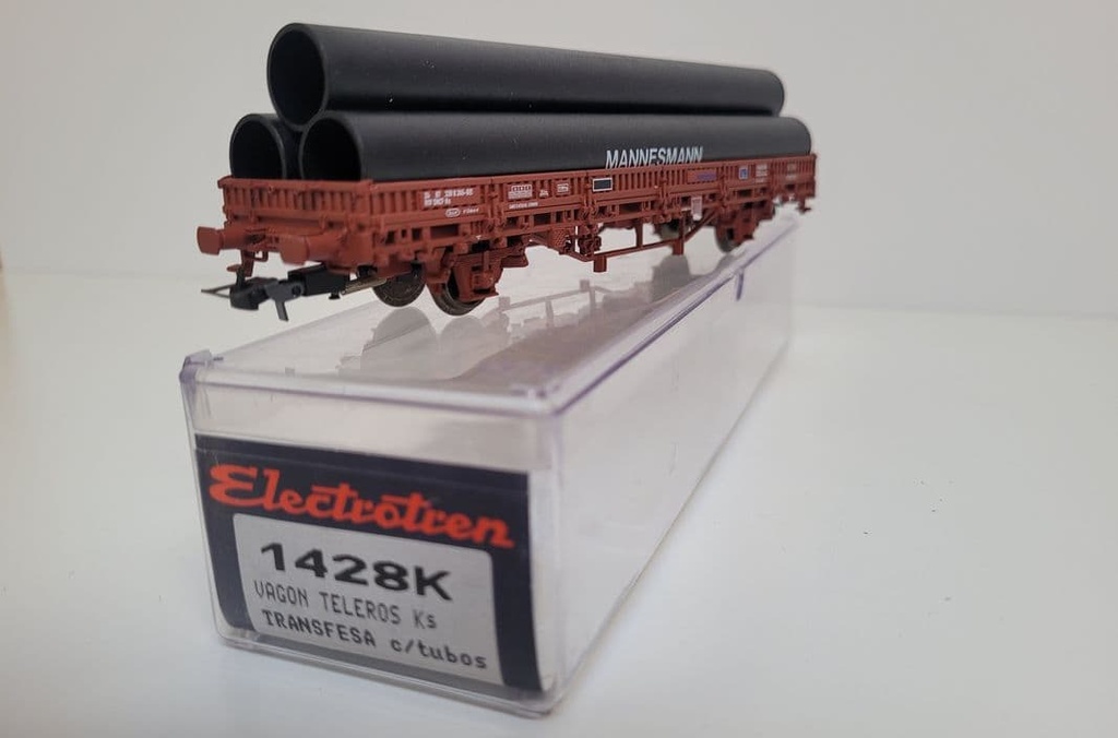 Train wagon N° 1428K Wagon marchandises SNCF TRANSFESA plat à essieux avec ranchers Electrotren Ho